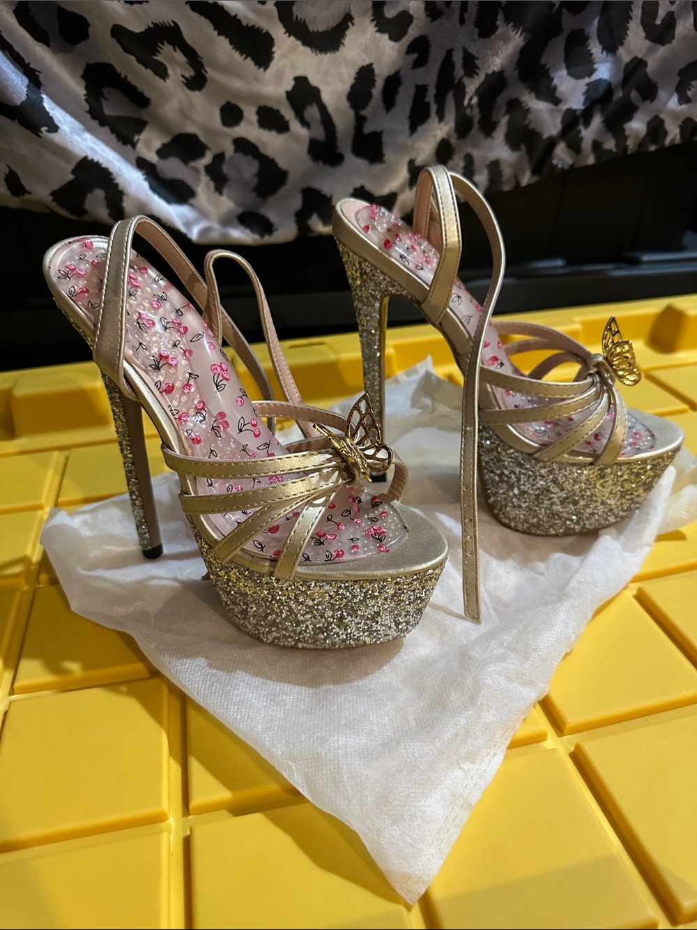 Gold Butterfly Accent Platform Heels for Women